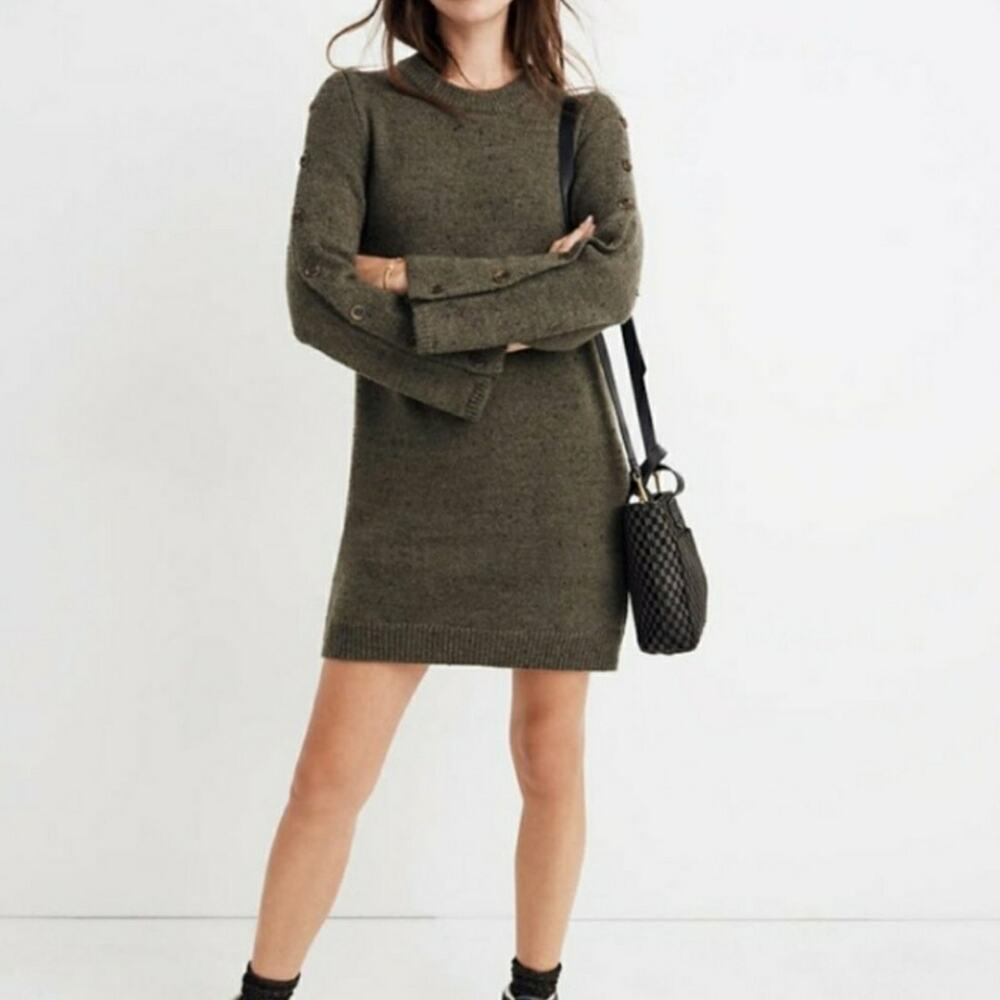 Madewell Donegal Knit Button Sleeve Sweater Dress Green Medium